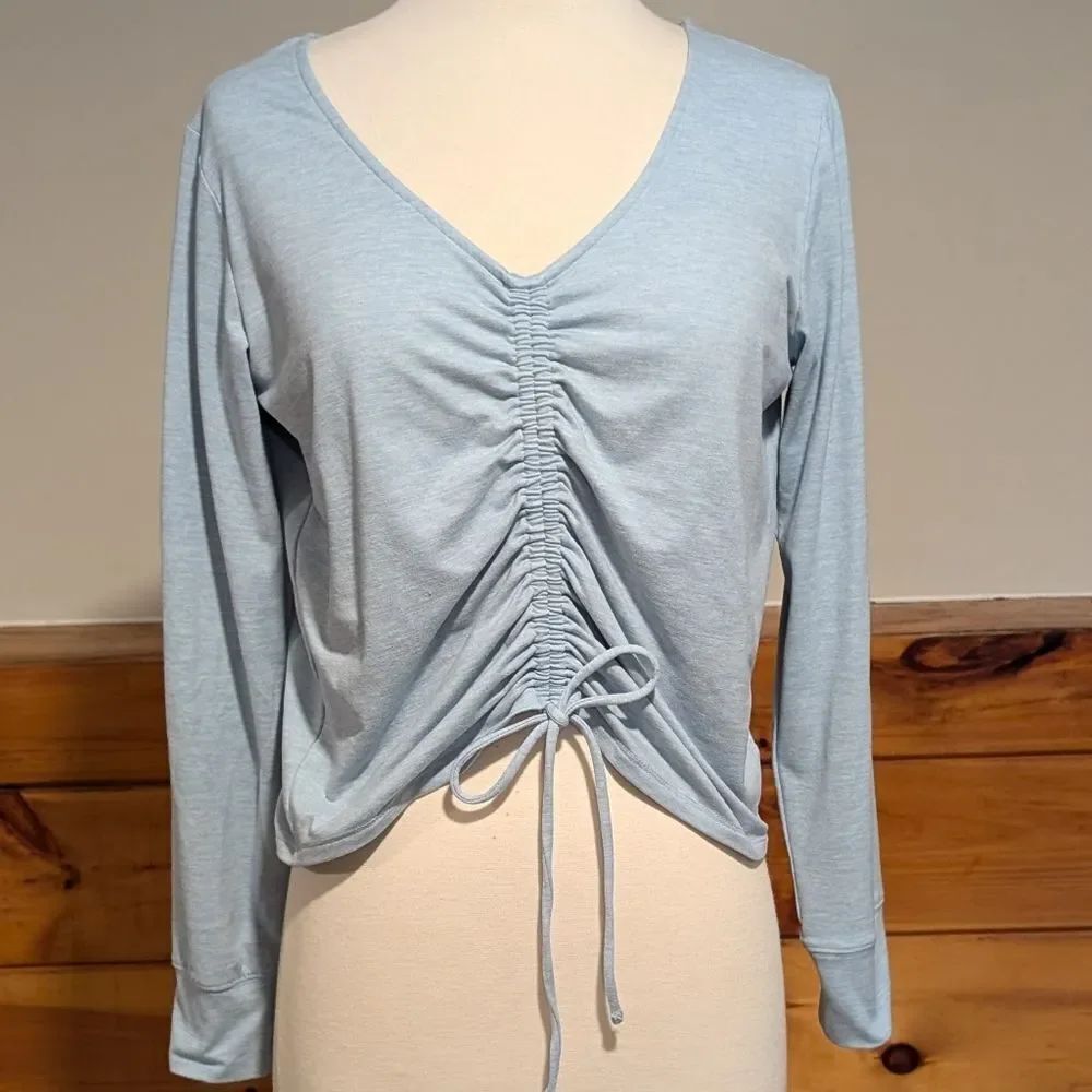 GAP Blue Ruched Tie Front Long Sleeve Blouse